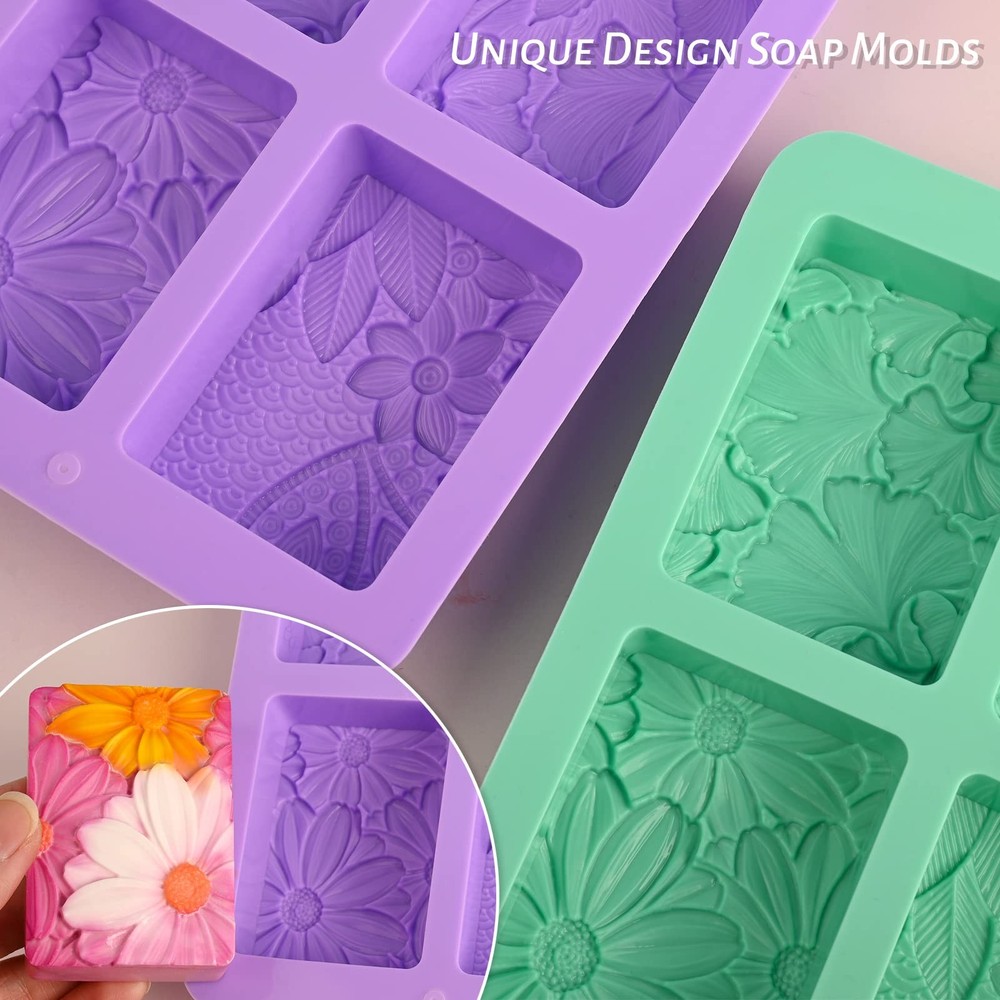 2 Pack Silicone Soap Molds, Rectangle Soap Making Mold, 3D Rectangular Flower