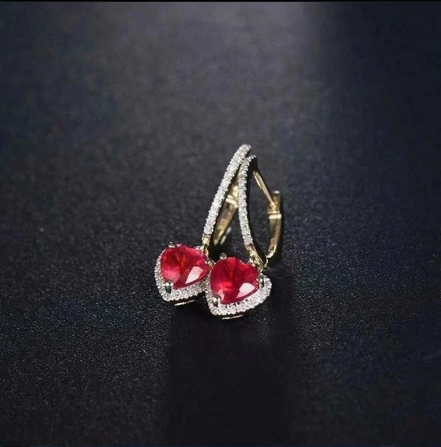 2Ct Heart Cut Lab Created Red Ruby Dangle Earrings 14K Yellow Gold Plated Silver