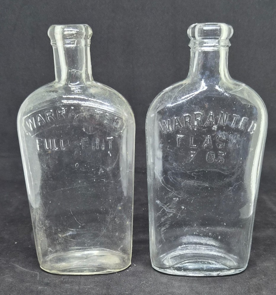 (2) 1880's WARRANTED FLASK HALF PINT STRAP SIDE WHISKEY FLASKS APPLIED TOPS NICE