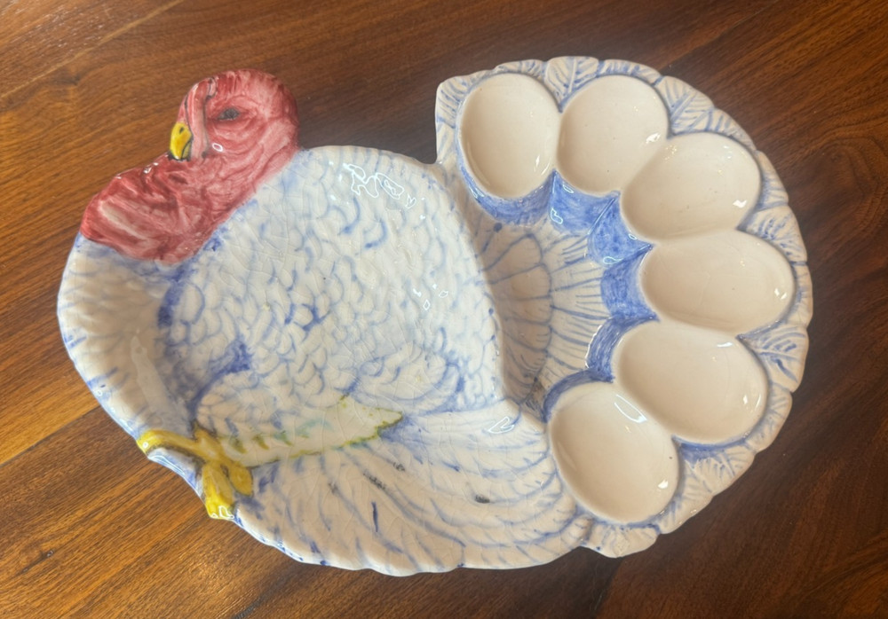 Vintage Turkey Shaped Ceramic Deviled Egg Plate Platter 1967 (READ) 11" Across