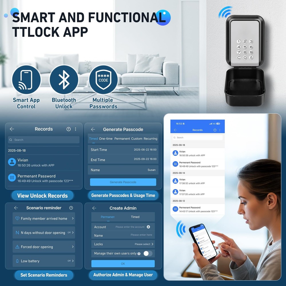 Smart Key Lock Box - Bluetooth Electronic Lock Box for Keys, Wall Mount Digit...