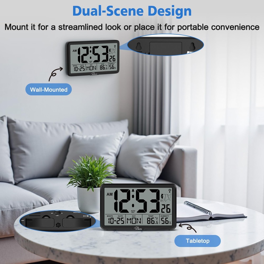 WallarGe Atomic Wall Clock with Backlight, Digital Large, Backlight-black