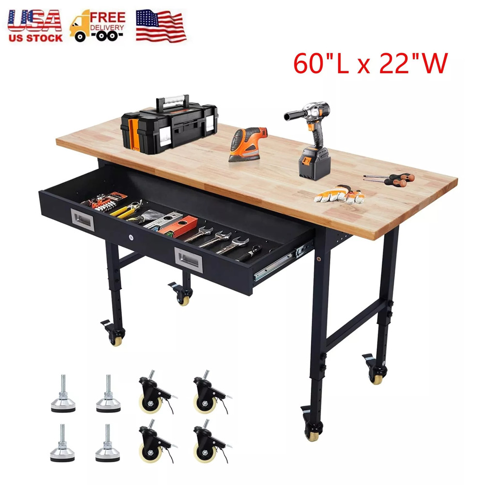 60"x22" Adjustable Height Workbench 2000 LBS Workstation With Drawer & Wheels