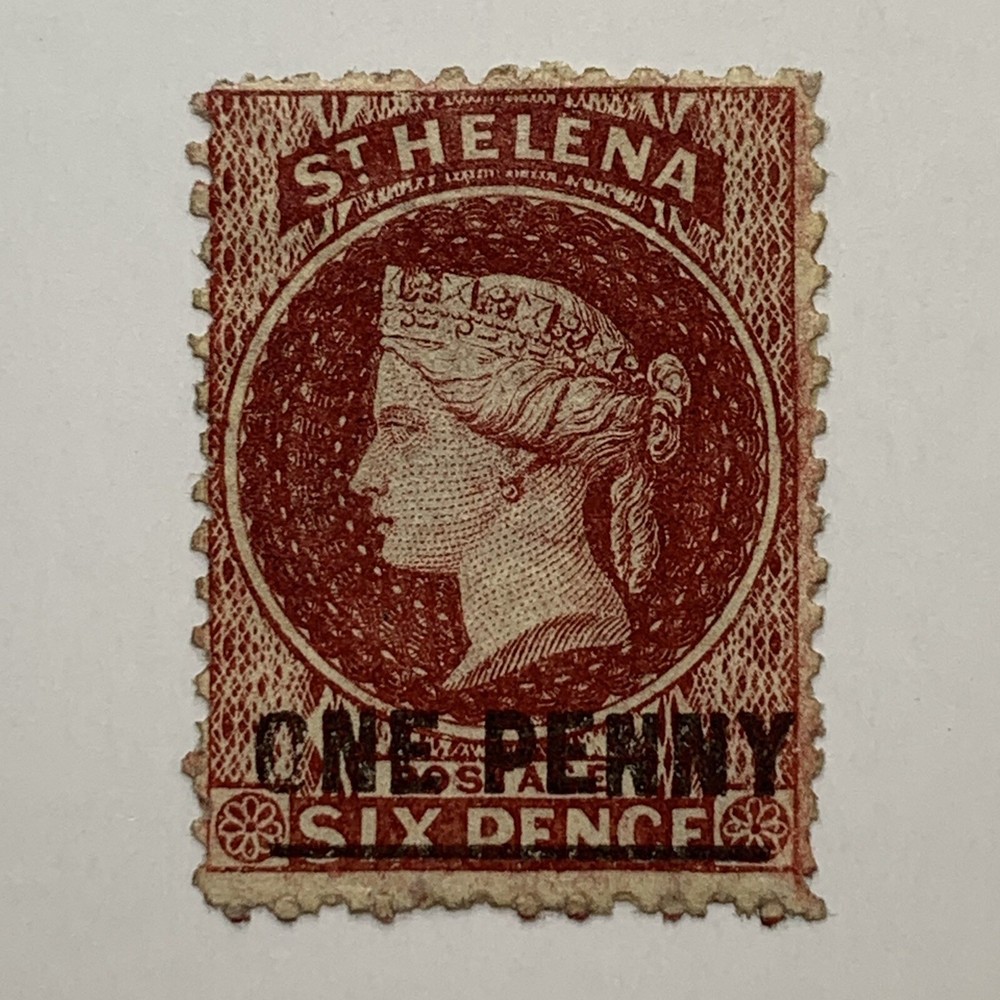 1864 ST. HELENA 1D STAMP #11 (SG #5), THIN LINE. ERROR ON SURCHARGED "O"