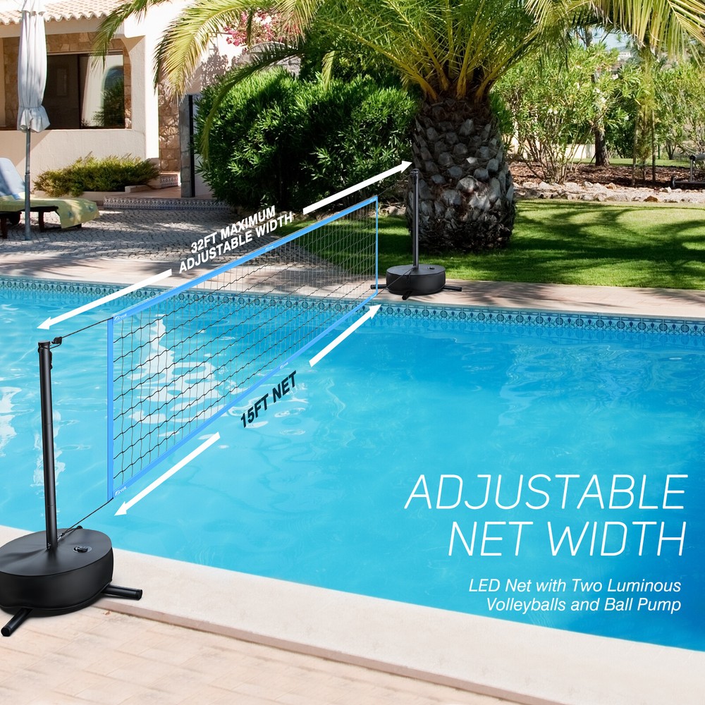 Pool Volleyball Net Set with Light and Weighted Base 15ft-32ft Length Adjustable