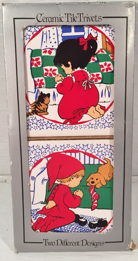 2 JASCO Ceramic Tile Trivets Boy & Girl Praying