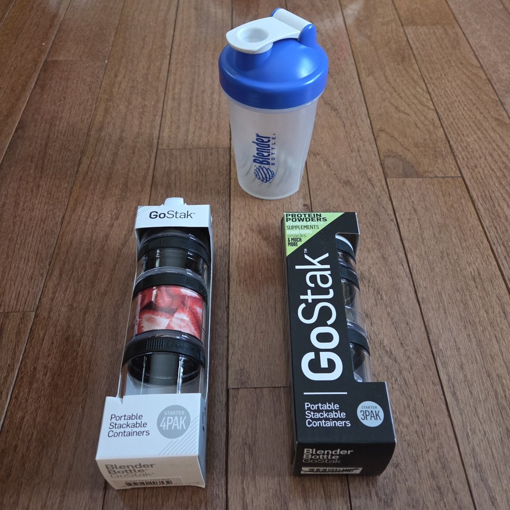 GoStak 3&4 Pak Black Portable Stackable Storage Containers w/Blue Blender Bottle