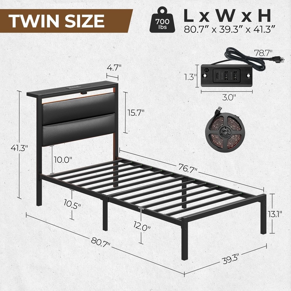 Seventable Twin Bed Frame with Upholstered Storage Headboard, Charging Statio...