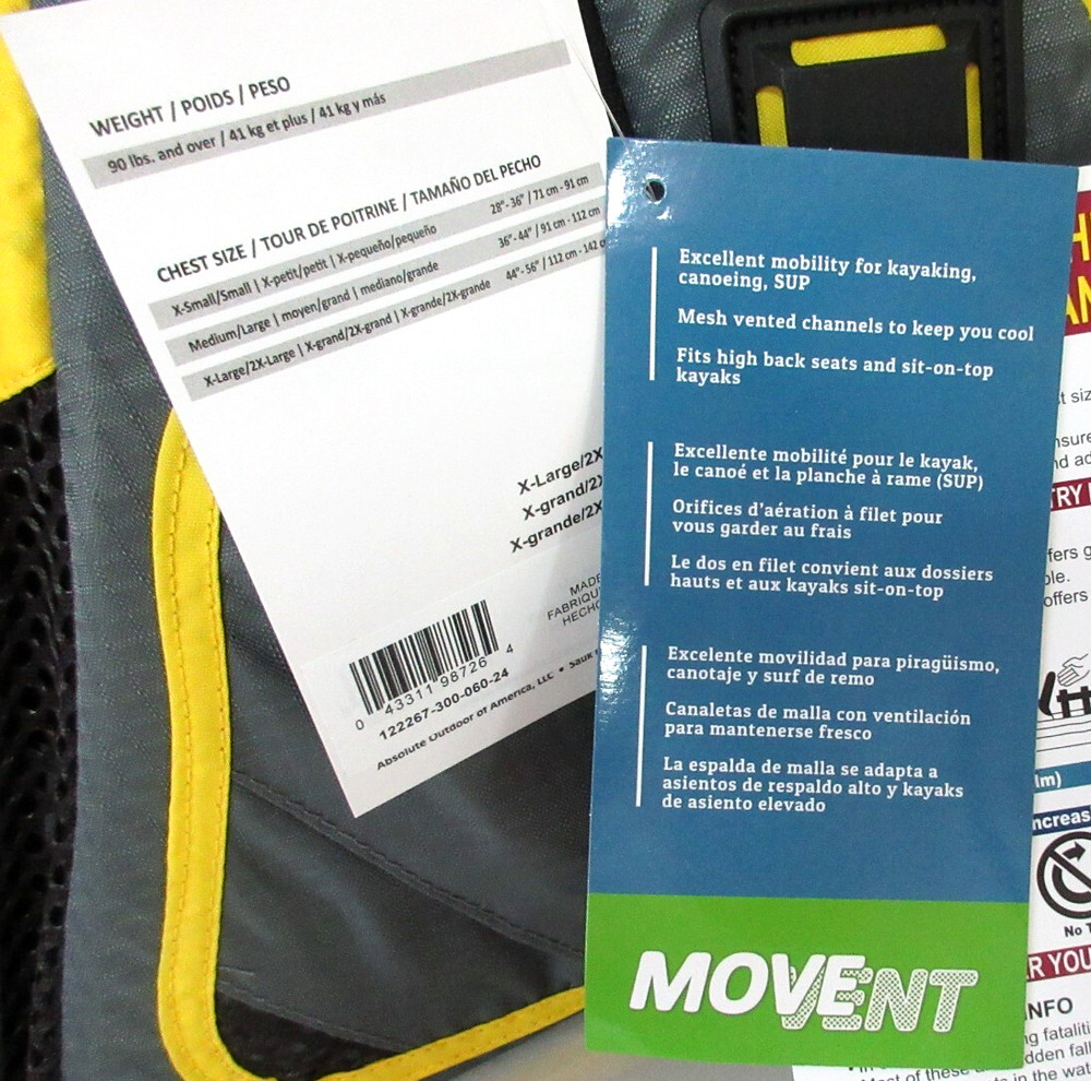 Onyx MoveVent Dynamic Life Jacket - Medium/Large Gray/Yellow - New-with-tags