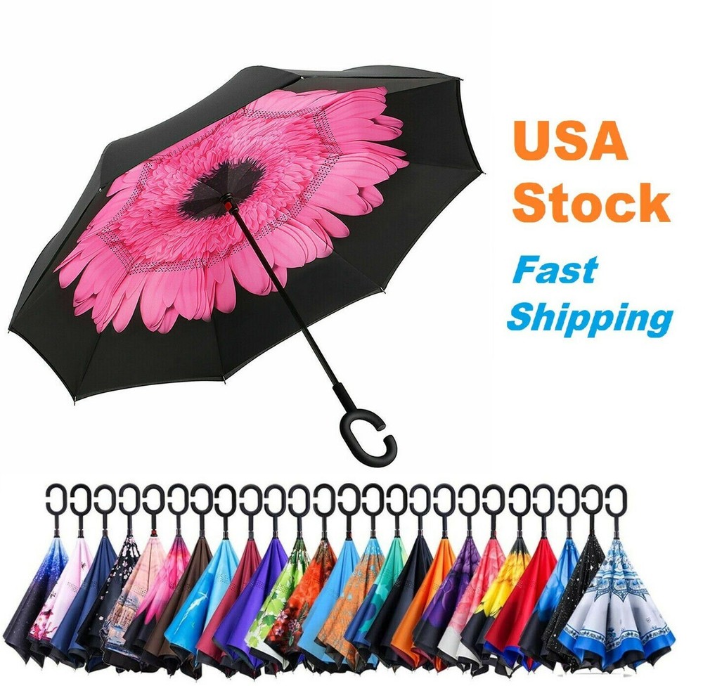 C-Handle Inverted Reverse Umbrella, Flower print (Inside-out, Upside-down)