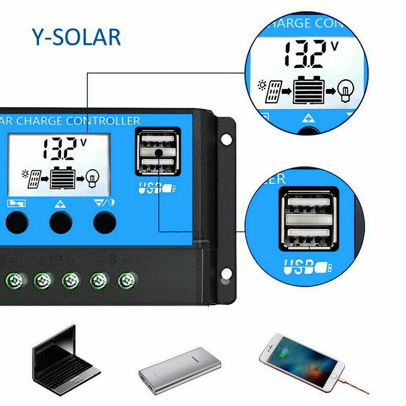 2 Packs Solar Panel Battery Charge Controller 30A 12V/24V LCD Dual USB Regulator
