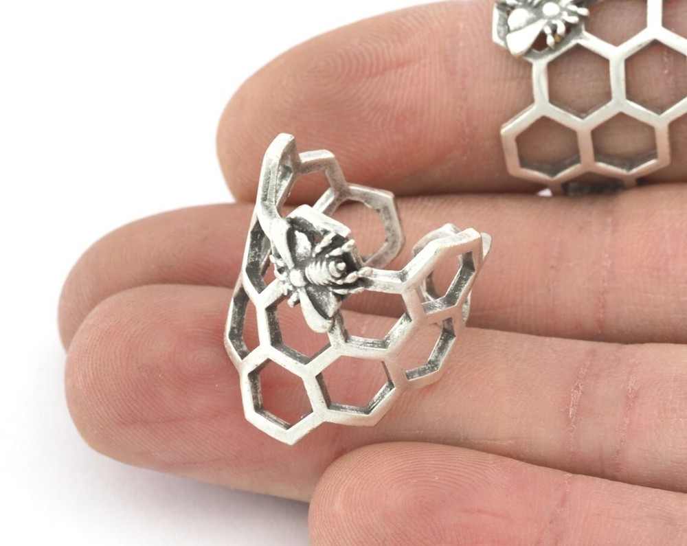 Honey Comb Ring, Bee Ring, Adjustable Antique Silver plated brass 8US size 5213