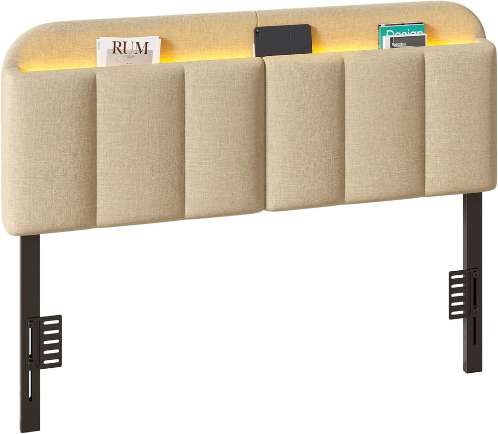 Queen Size Adjustable Headboard, Upholstered Headboard with Storage, APP Control