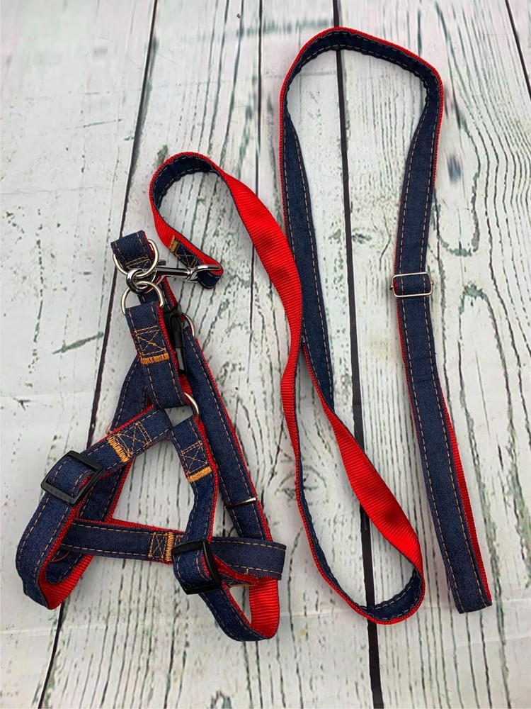 No Pull Adjustable Dog Harness Heavy Duty Denim Leash Medium Large Red