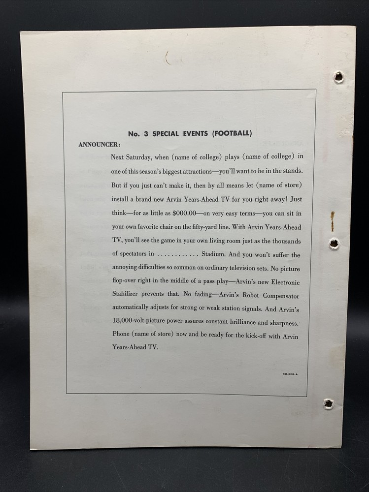 1954 Arvin Television Scripts For Radio Spots-Excellent
