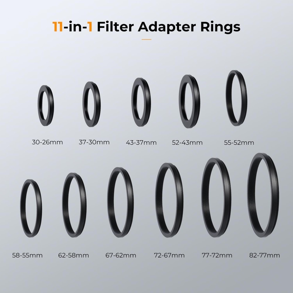 11Pc Lens Filter Adapter Rings Set - Metal Construction