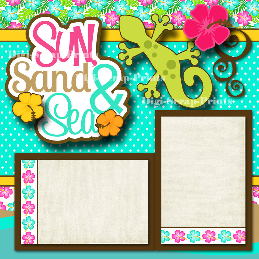 SUN SAND & SEA 2 premade scrapbook pages paper piecing layout beach BY DIGISCRAP