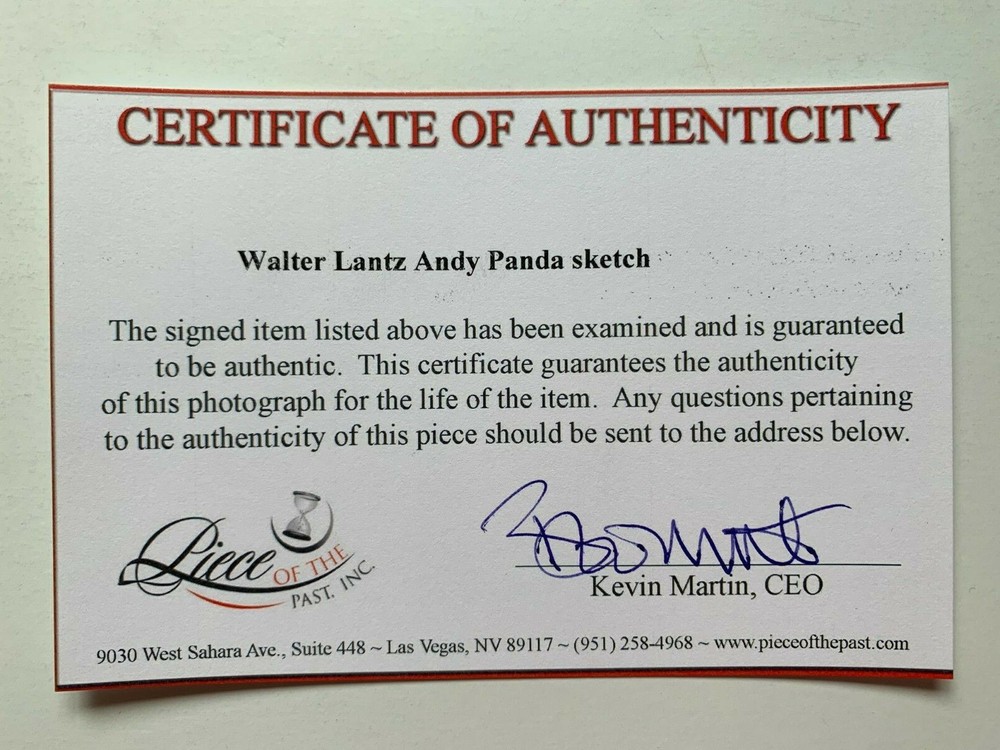ANDY PANDA sketch & signature by creator WALTER LANTZ, with COA