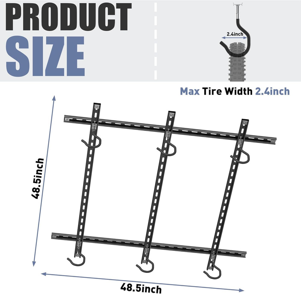 Garage Ceiling Bike Rack, Adjustable Overhead Bicycle Storage System – Stores 3