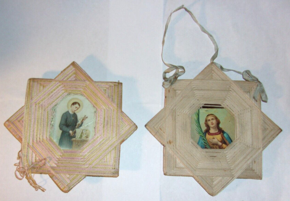 Set of 2 Antique Victorian String Thread Frames w/Catholic Religious Prints