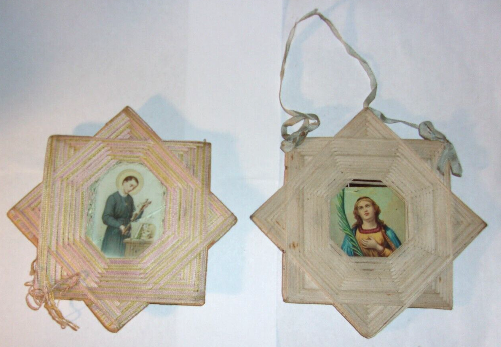 Set of 2 Antique Victorian String Thread Frames w/Catholic Religious Prints