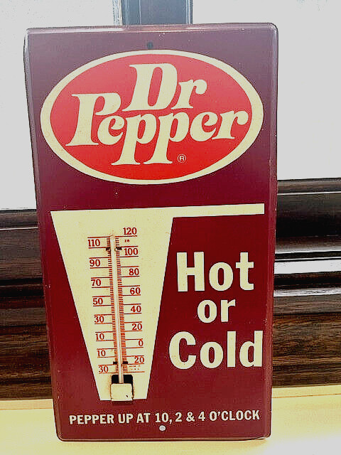 DR. PEPPER ADVERTISING TIN, WALL HANGING TEMPERATURE DISPLAY & APRON - Vintage