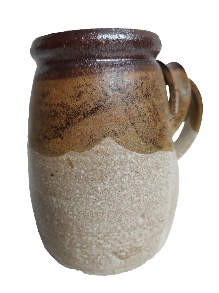 Art pottery pitcher Unusual applied overlapping handles 7" Signed