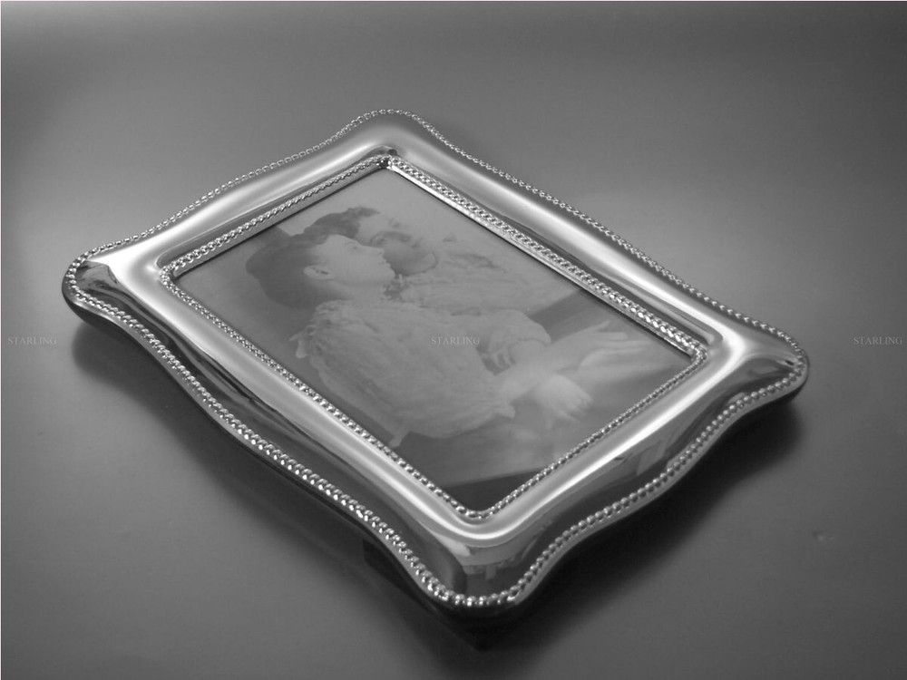 Photo Frame Chippendale Pearl Edge Solid 925 Sterling Silver Mahogany Back(T2)