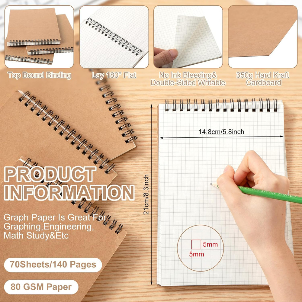 1 Pack Graph Paper Spiral Notepad A5 Top Wirebound Notepad Grid Notebook Steno P