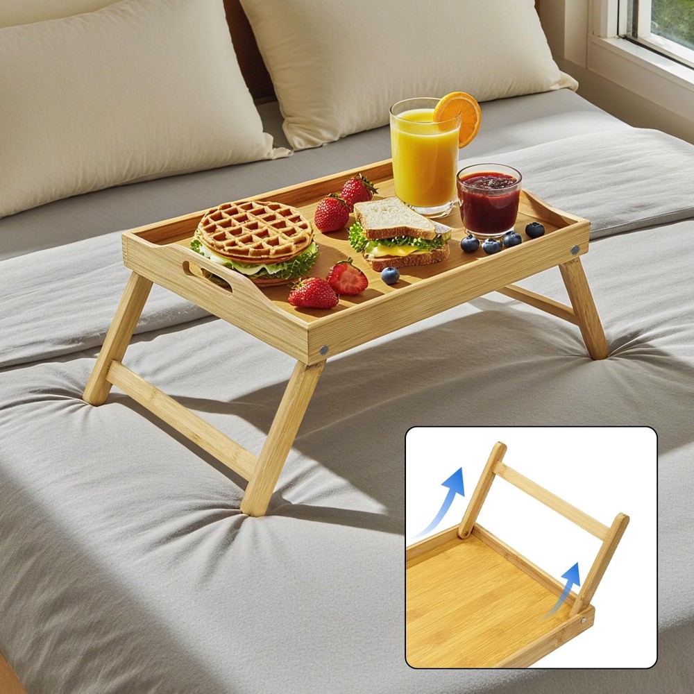 Bamboo Bed Tray Table with Foldable Legs & Handles - Portable Breakfast Table...