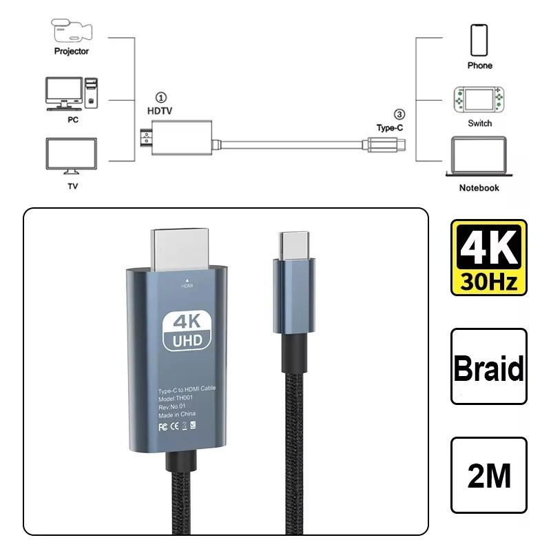 Type C To HDMI-Compatible Adapter Cable Type C To HD 30Hz 4k USB C Cable Extend