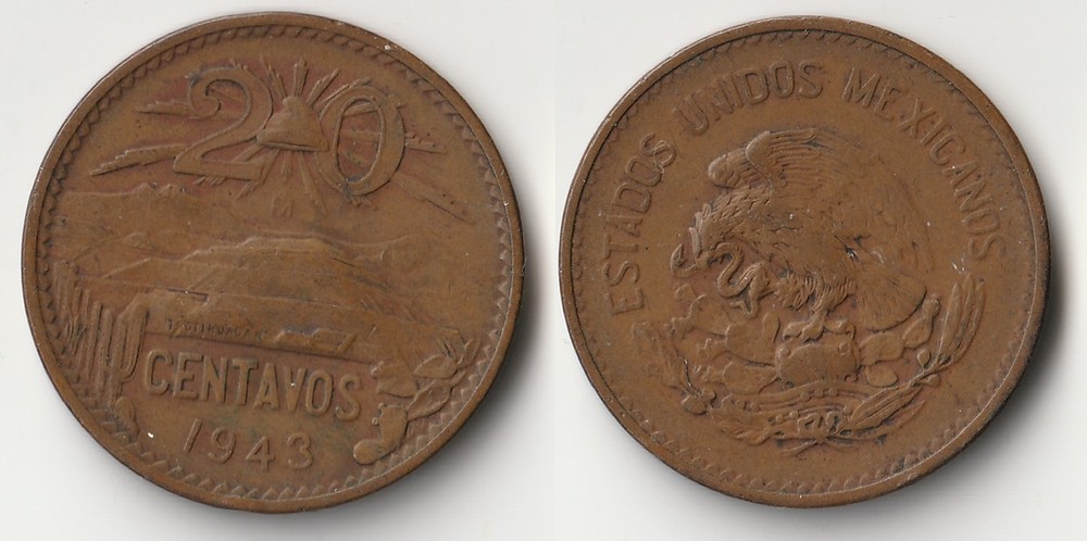 1943 Mexico 20 centavos coin