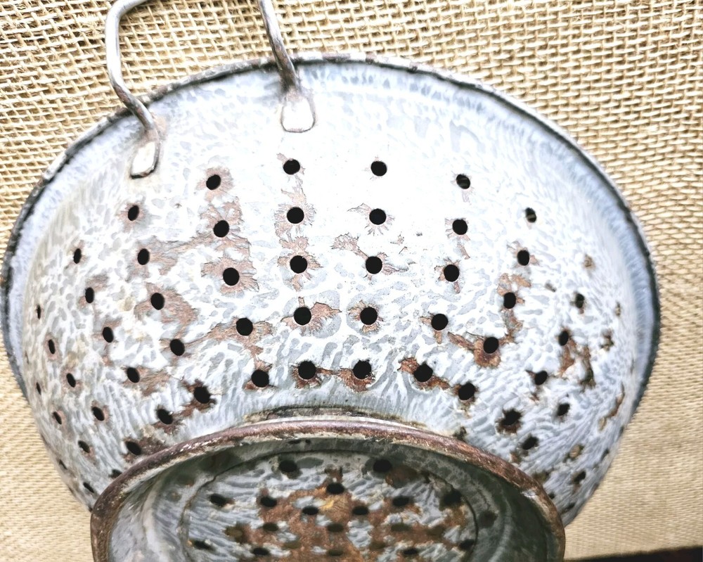 Vintage Enamelware 13" Grey Colander Granite Ware Primitive Strainer Farmhouse