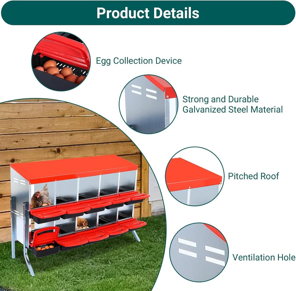 10 Compartment 2-Tier Chicken Nesting Boxes Coop Chicken Egg Laying Box Red