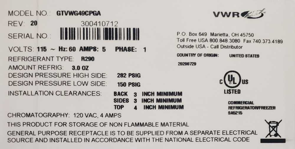 VWR GTVWG49CPGA General-Purpose Laboratory Refrigerator