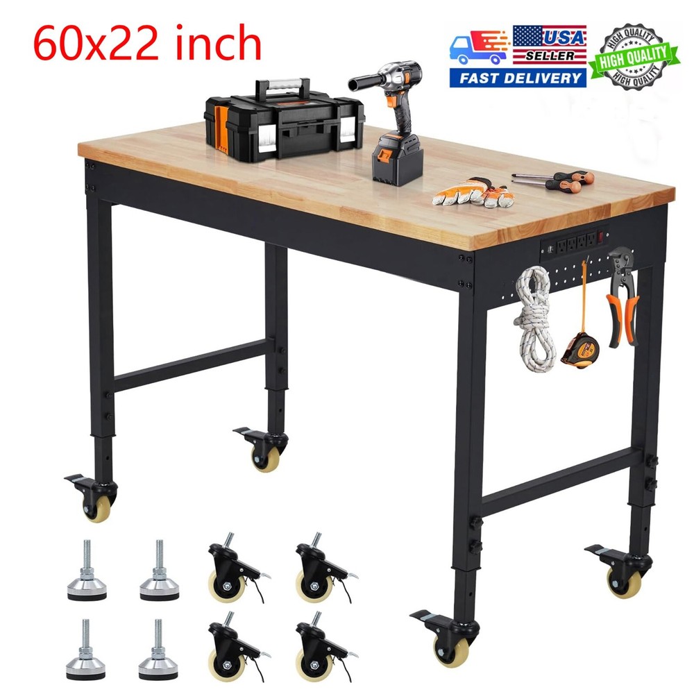 60"x22" Workbench Adjustable Height Workstation 2000LBS Load W/ Cable & Casters