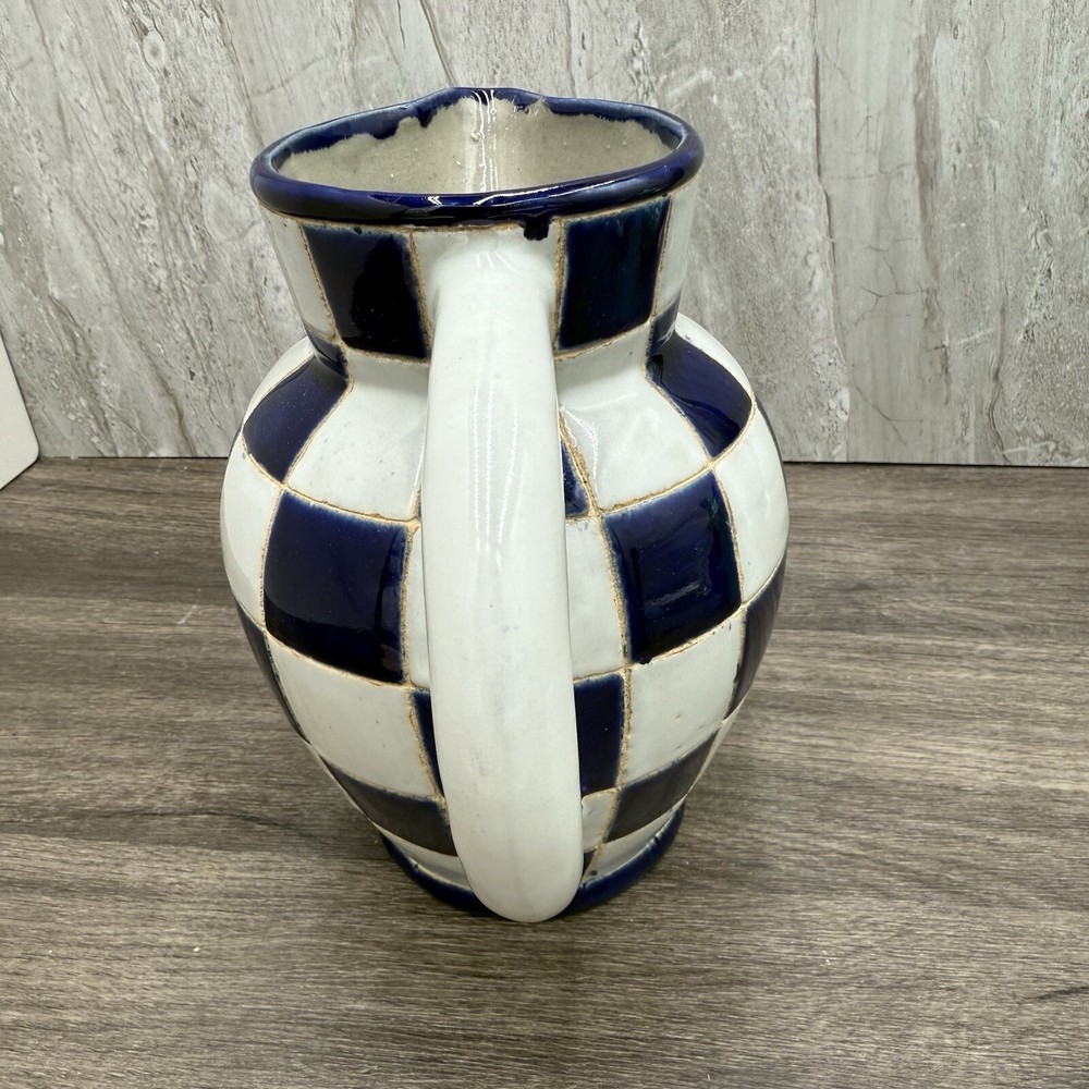 Handmade Ceramic Checkered Pitcher – Cottage Core Style – Signed, 7.5” Tall