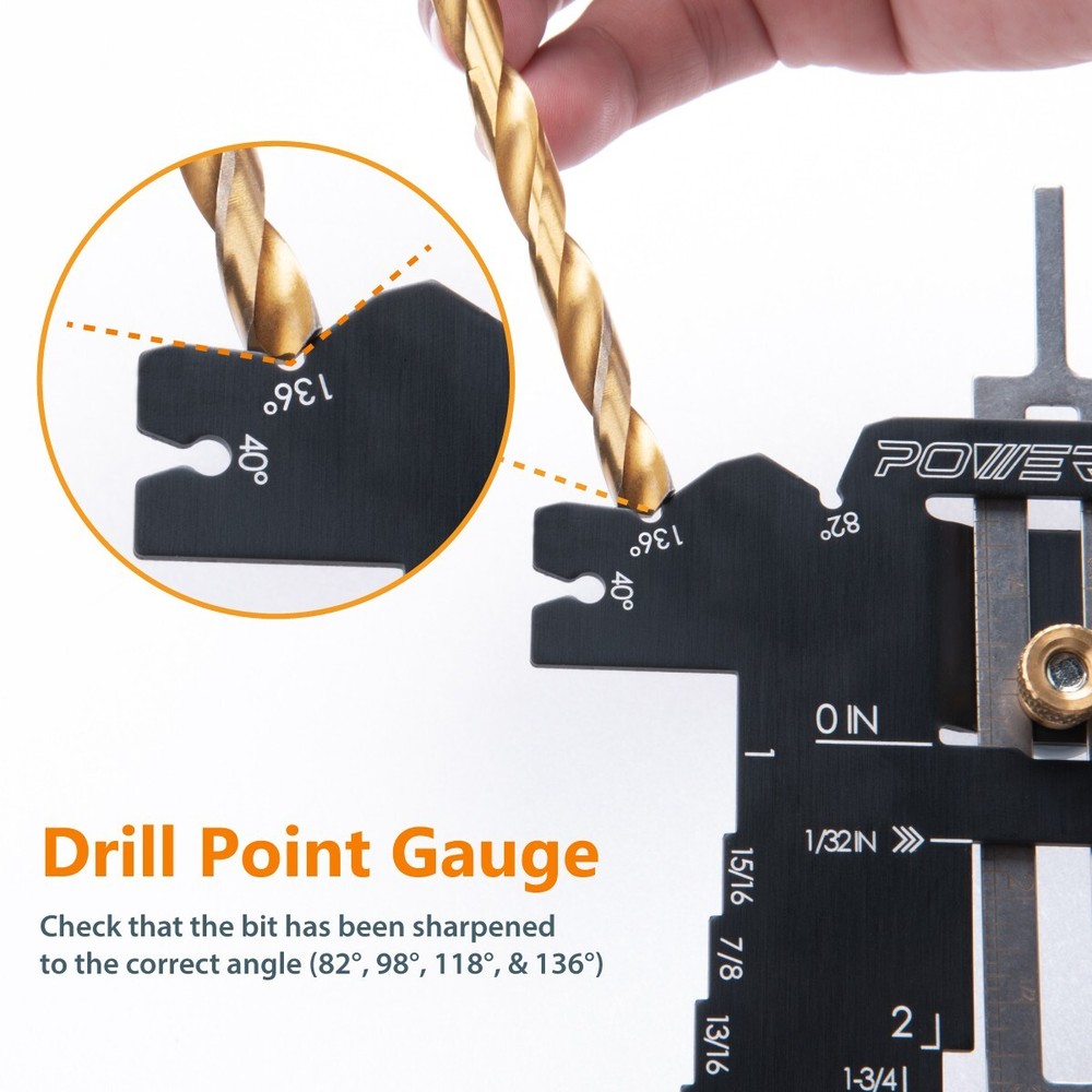 POWERTEC 80023 Universal 5-in-1 Measuring Gauge - Drill Point, Chisel Angle, etc