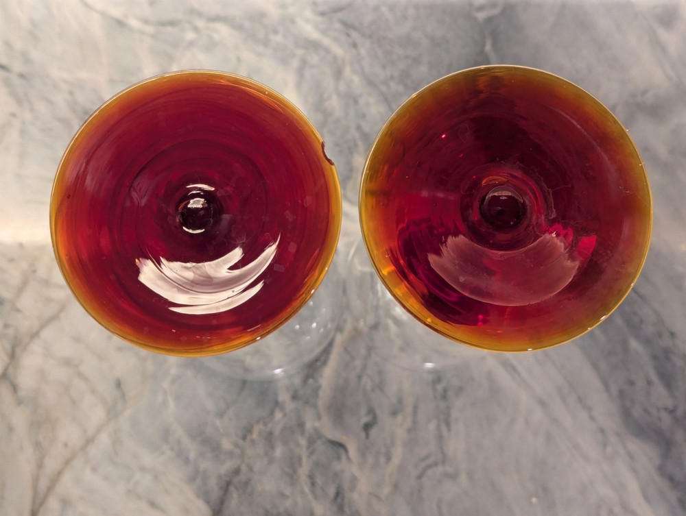 Ruby Heart Wine Glass Pair Murano Attrib. Art Glass 9” Hand Blown Ruby Amber