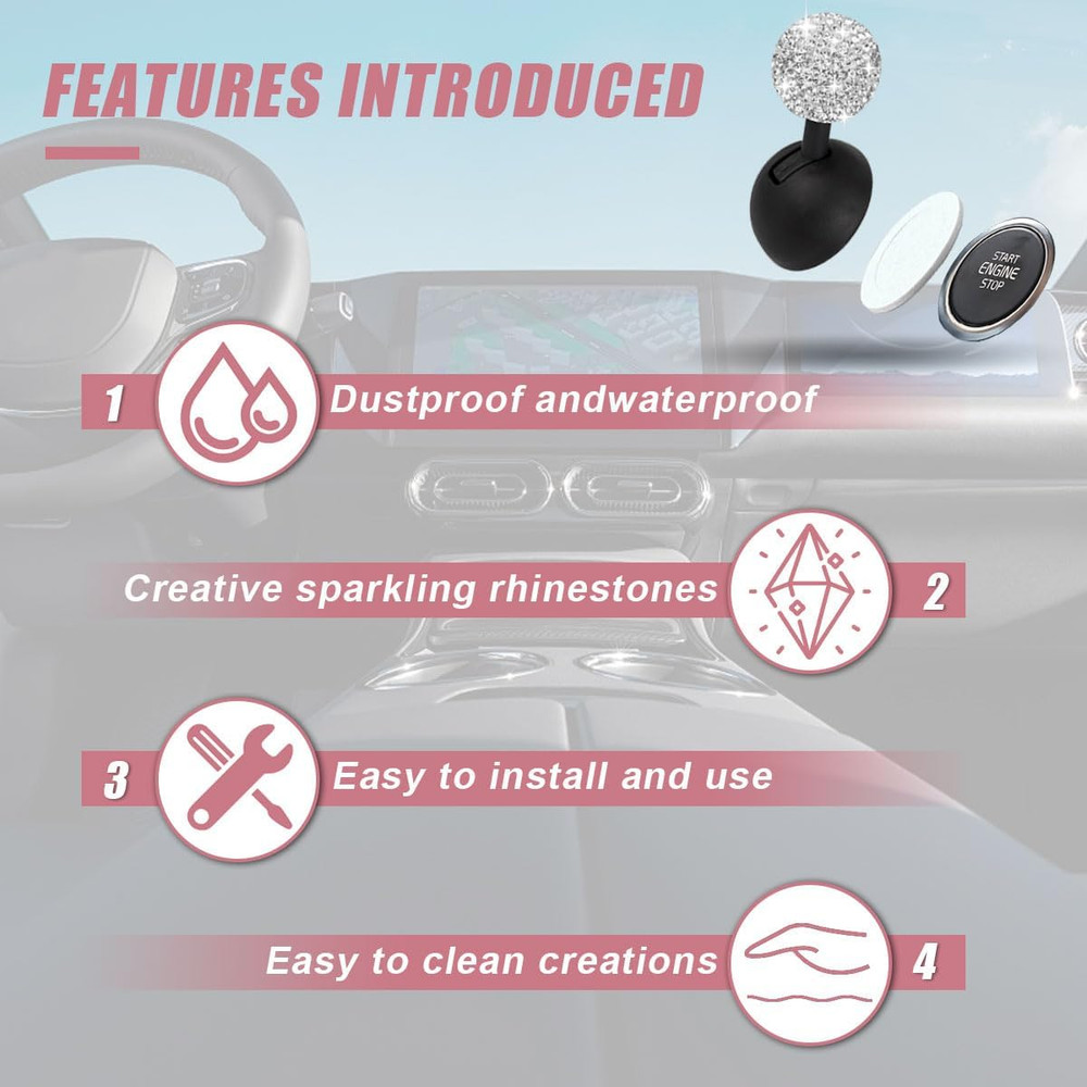 Car Push Start Button Cover, Rhinestone Engine Start Stop Button Joystick Covers