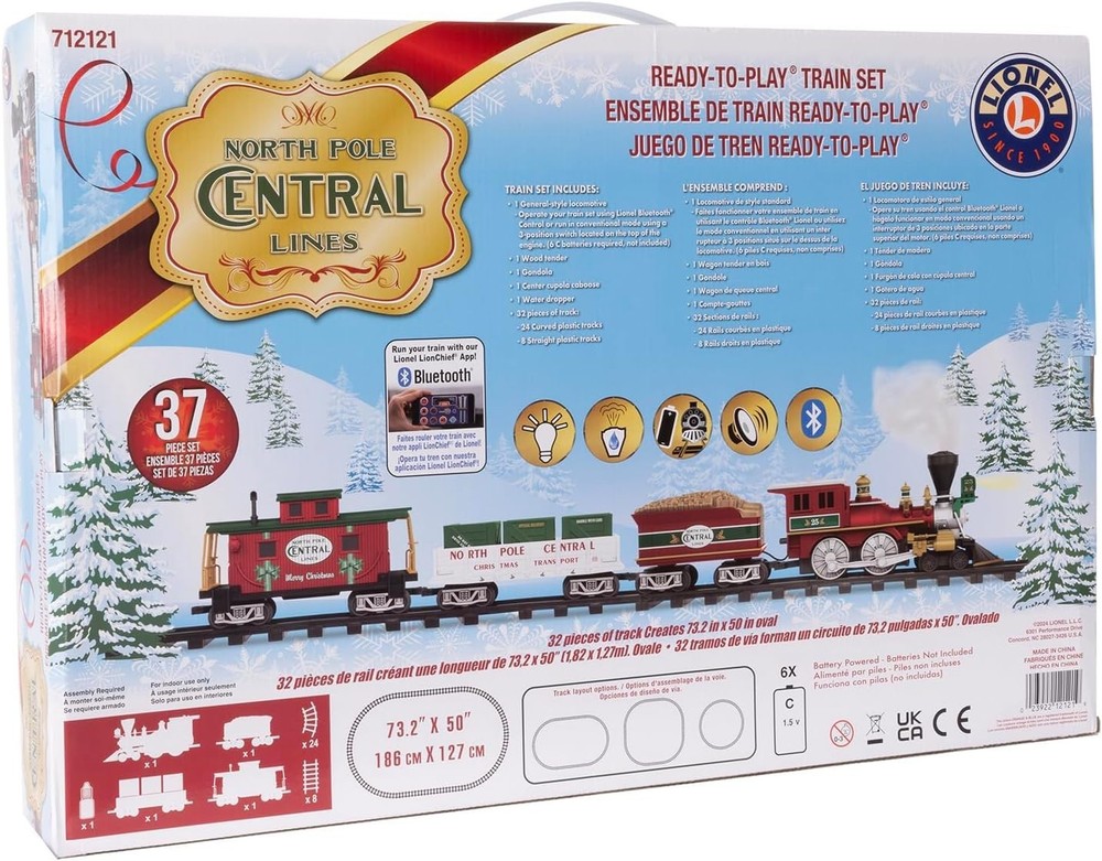 Battery-Operated North Pole Central Freight Toy Train Set with Bluetooth, Loc...