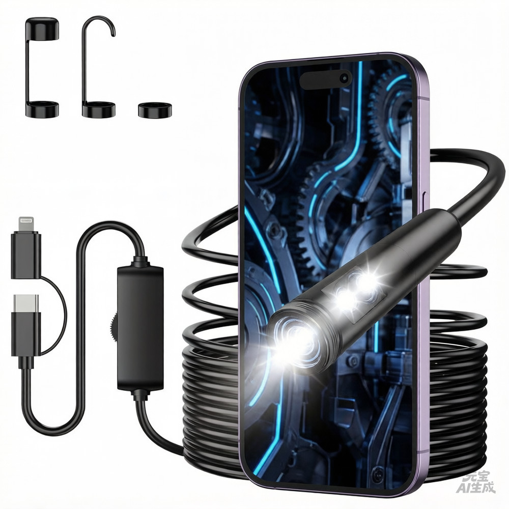 Dual Lens Endoscope Camera -1920P HD Borescope with 8 LED Lights for iOS/Android