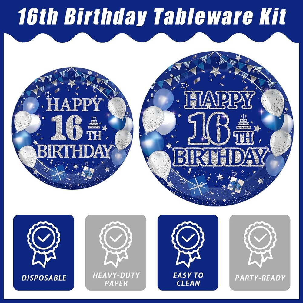 96-piece 16th birthday party tableware set, blue and silver theme
