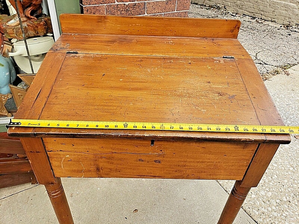 Antique Primitive railroad map maker store slat top pine desk with compartment