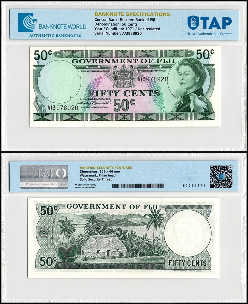 Fiji 50 Cents, 1971 ND, P-64a, UNC, TAP Authenticated