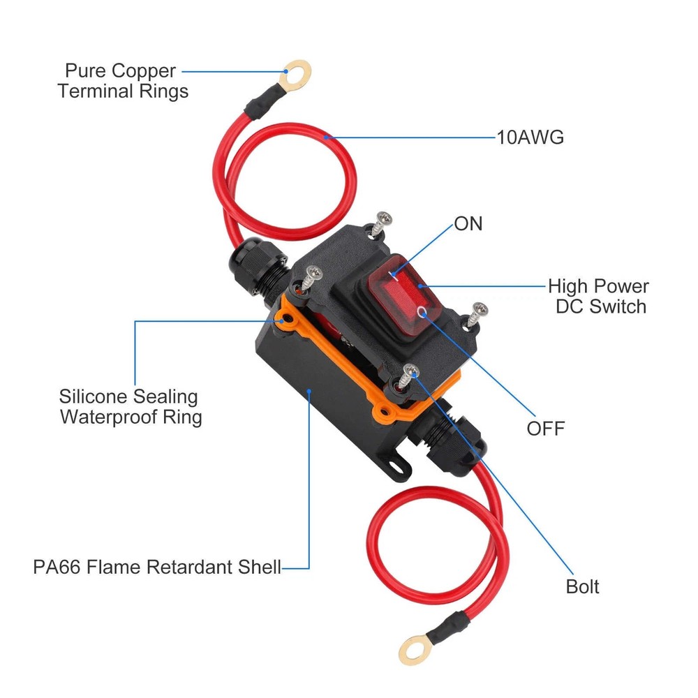IP67 PA66 DC 12-24V Inline Cord Switch Copper Ring Power Wire On/Off Switch