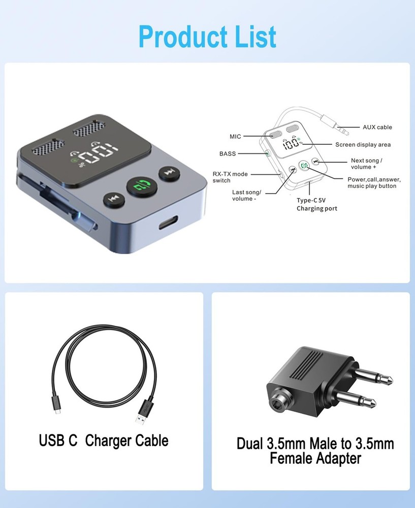 Bluetooth 5.3 Transmitter Receiver, 2-in-1 Adapter for Airplane, Bluetooth Tr...