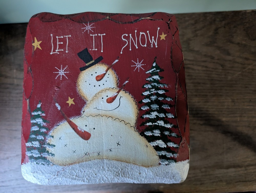 Snowman Christmas 'Let It Snow' Stool Hand Painted Primative Rustic Distressed