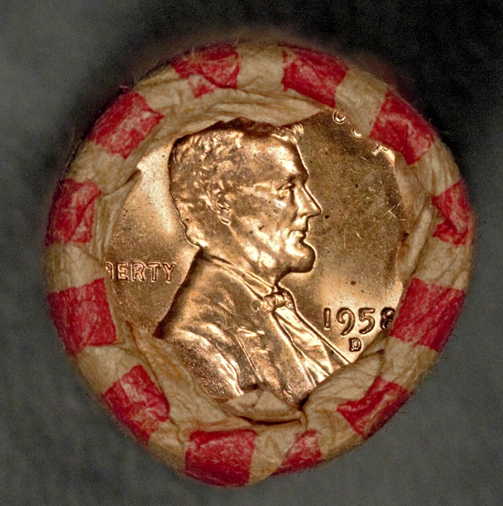 1958-D Lincoln cent Roll, BU, Shotgun Roll