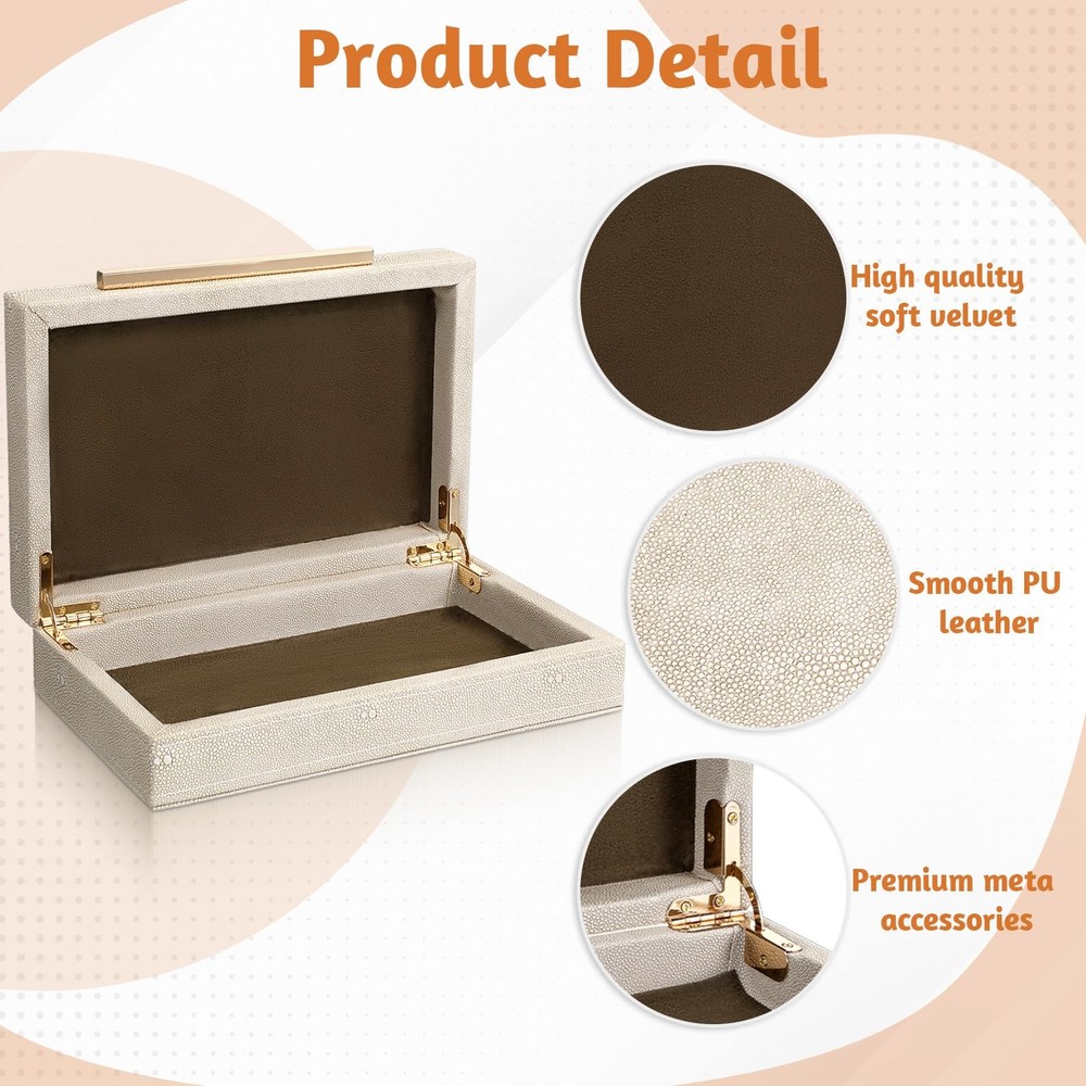 Ivory Shagreen Decorative Box Faux Leather Keepsake Case Memory Storage Boxes...